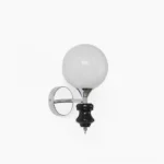Koscina globe wall sconce front view - frosted white glass sphere with ceramic base and polished chrome hardware in studio lighting