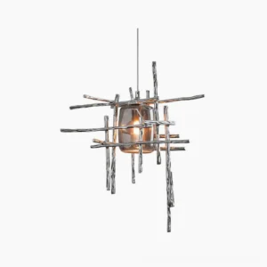 Kova branch glass pendant light with smoked gray glass and silver metal frame, front view studio shot with white background showing sculptural cage design