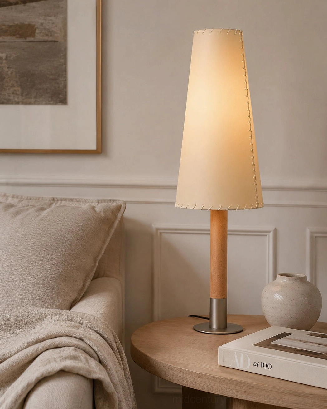 Kove parchment floor lamp detailed view of natural wood column and brushed metal base
