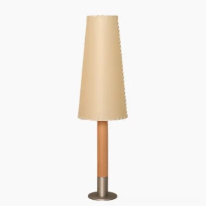 Kove parchment floor lamp front studio view with natural wood stem and beige fabric shade