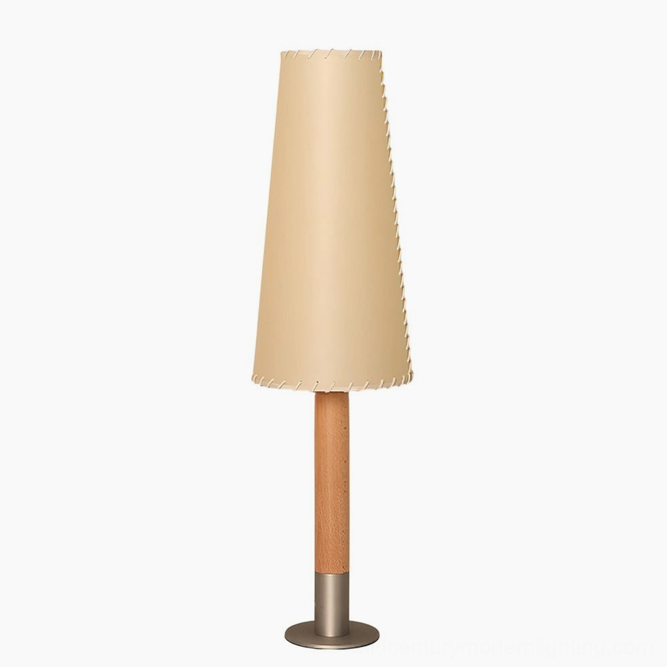 Kove parchment floor lamp front studio view with natural wood stem and beige fabric shade