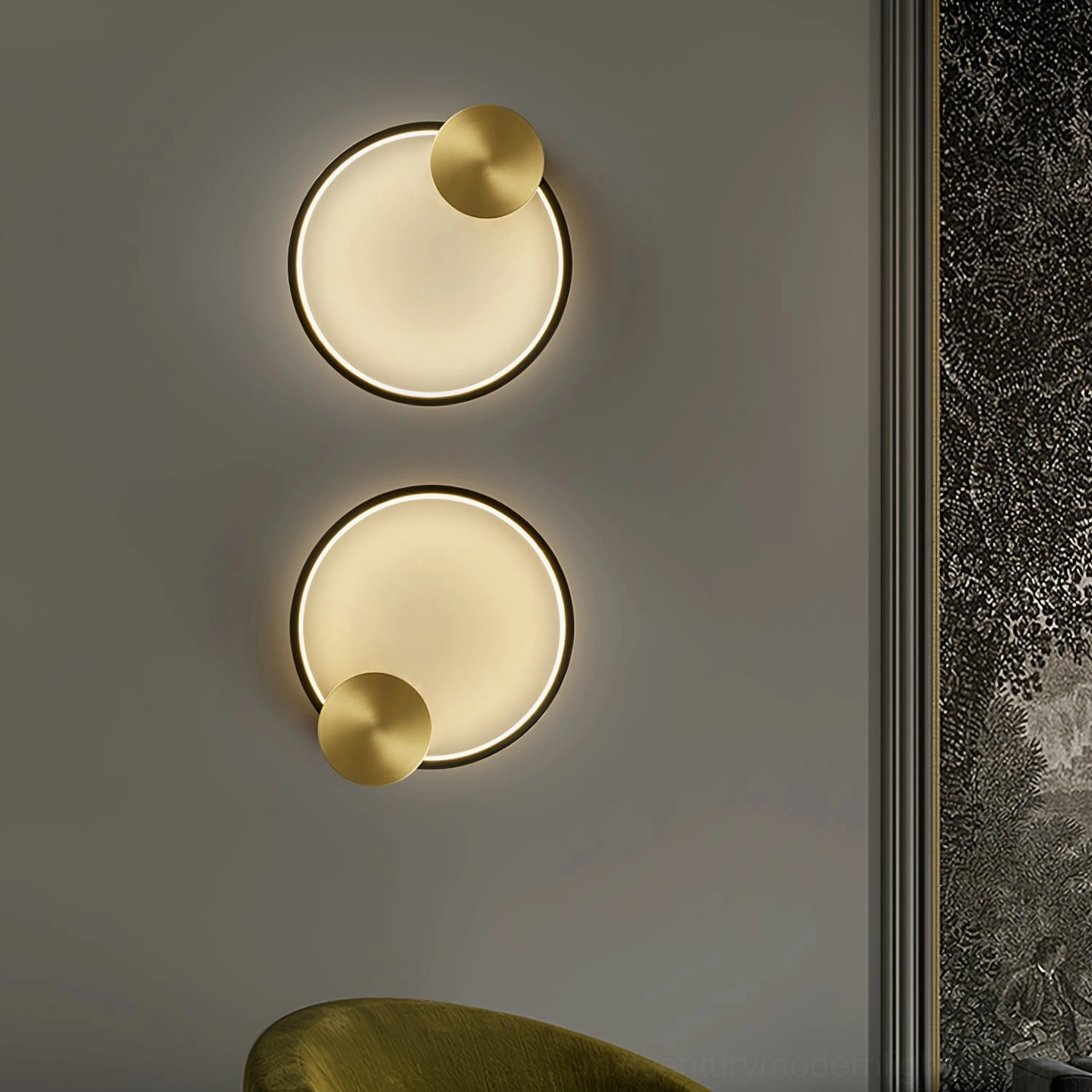 Koya brass wall sconce luxury modern design circular ring light fixture closeup