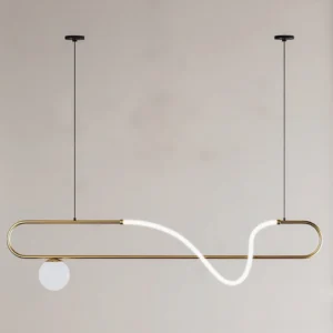 Brushed gold Kulgony linear chandelier with black suspension rods, minimalist design detail shot