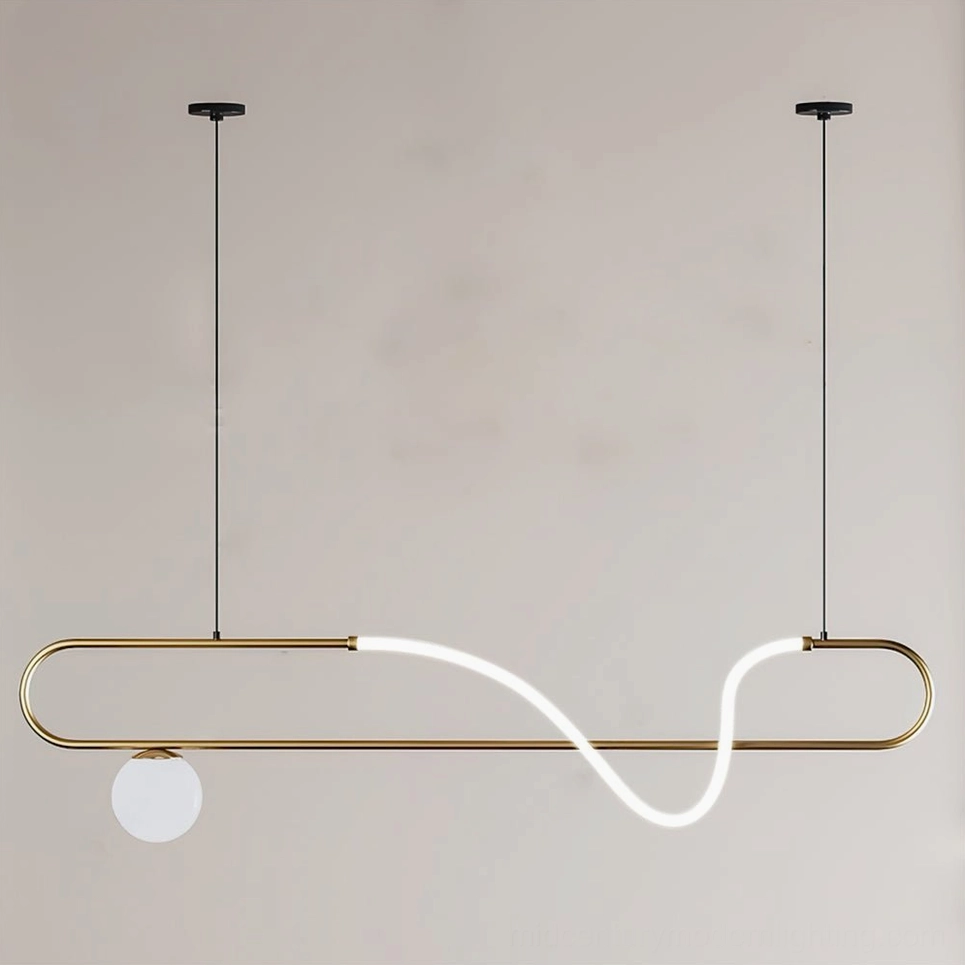 Brushed gold Kulgony linear chandelier with black suspension rods, minimalist design detail shot