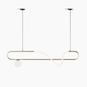 Kulgony linear pendant light with curved LED strip and glass orb, brass gold finish on white background