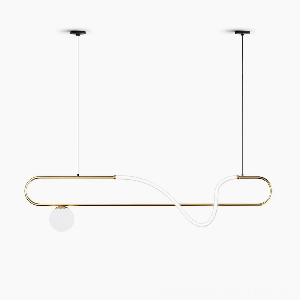 Kulgony linear pendant light with curved LED strip and glass orb, brass gold finish on white background