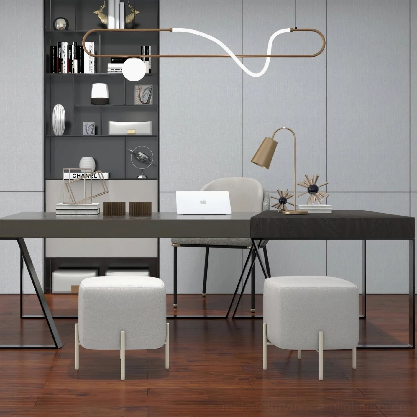 Brushed gold Kulgony linear pendant lamp in modern home office study with dark desk