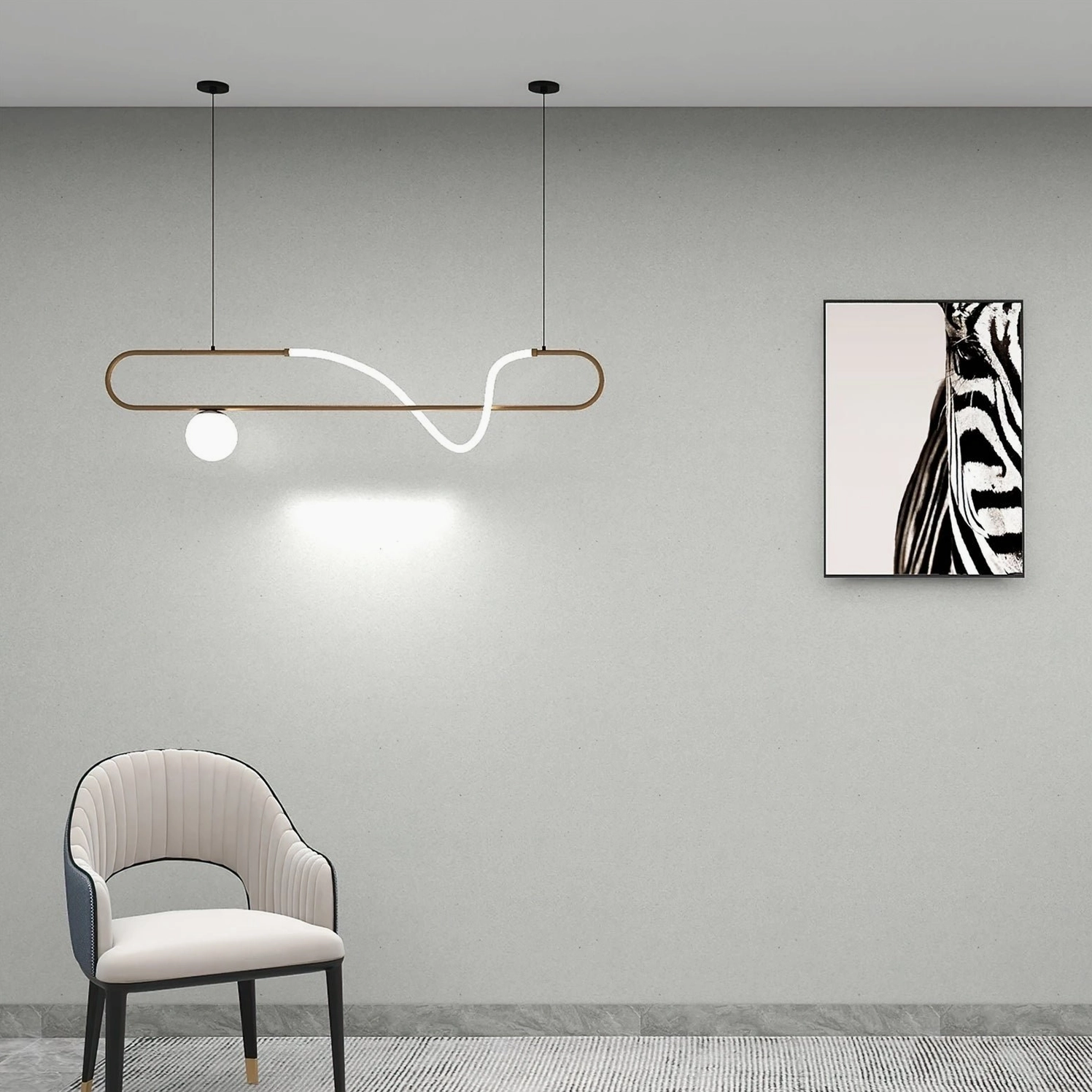 Brass gold Kulgony linear pendant light in minimalist living room with zebra wall art