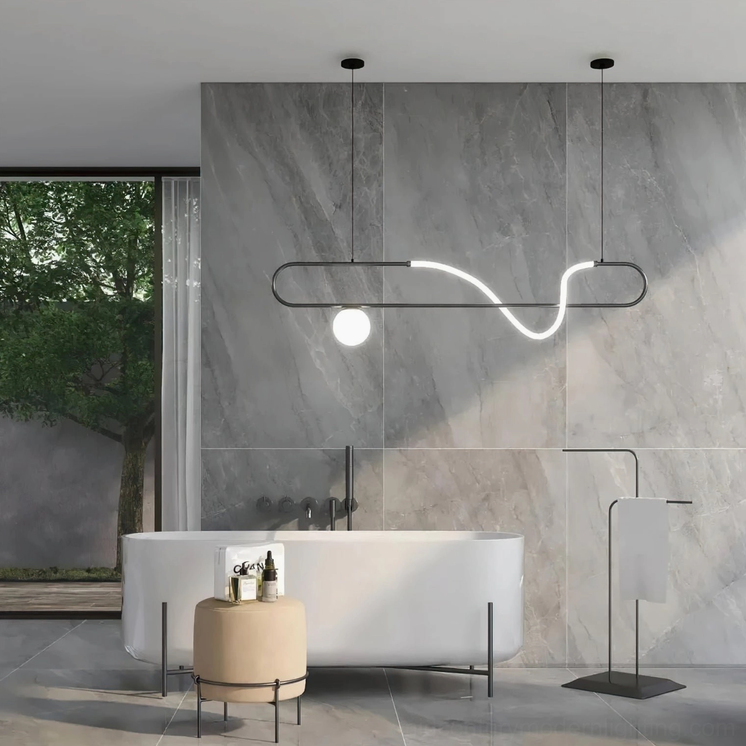 Kulgony linear LED pendant chandelier showing integrated light distribution and frosted glass orb