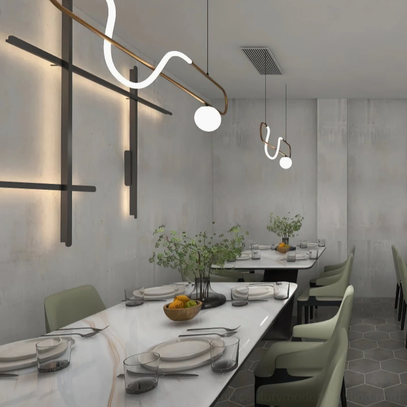 Multiple Kulgony linear pendant lights in warm gold tones overhead in modern restaurant dining area