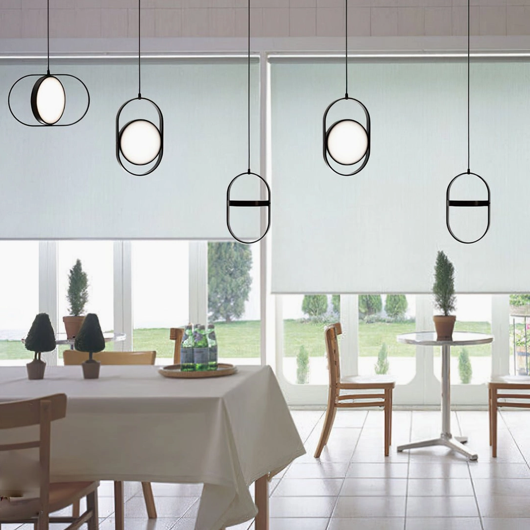 Matching Kuu minimalist pendant lights café dining area bright windows modern uniform