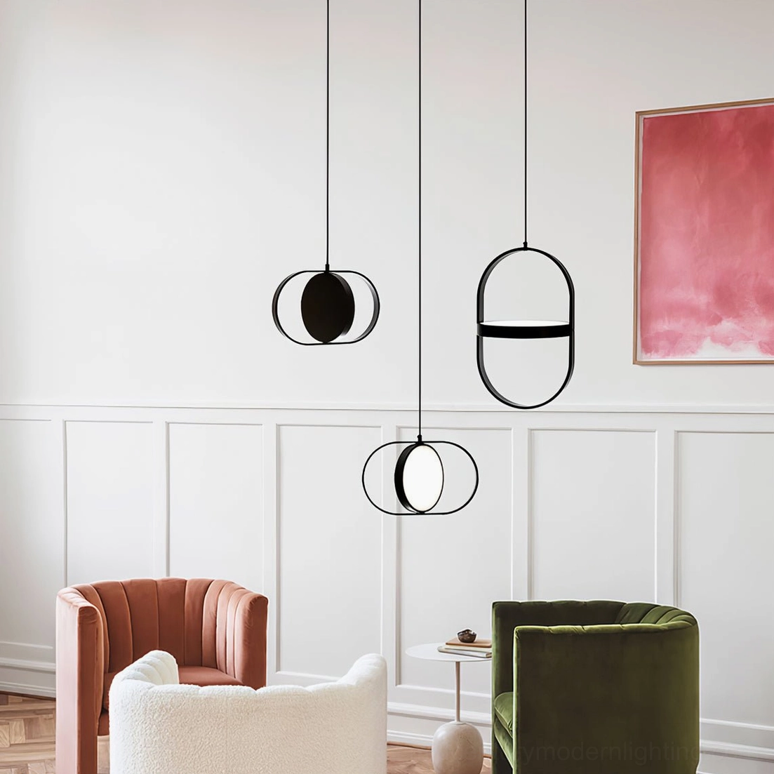 Kuu modern pendant lights cluster display in contemporary living room with accent chairs