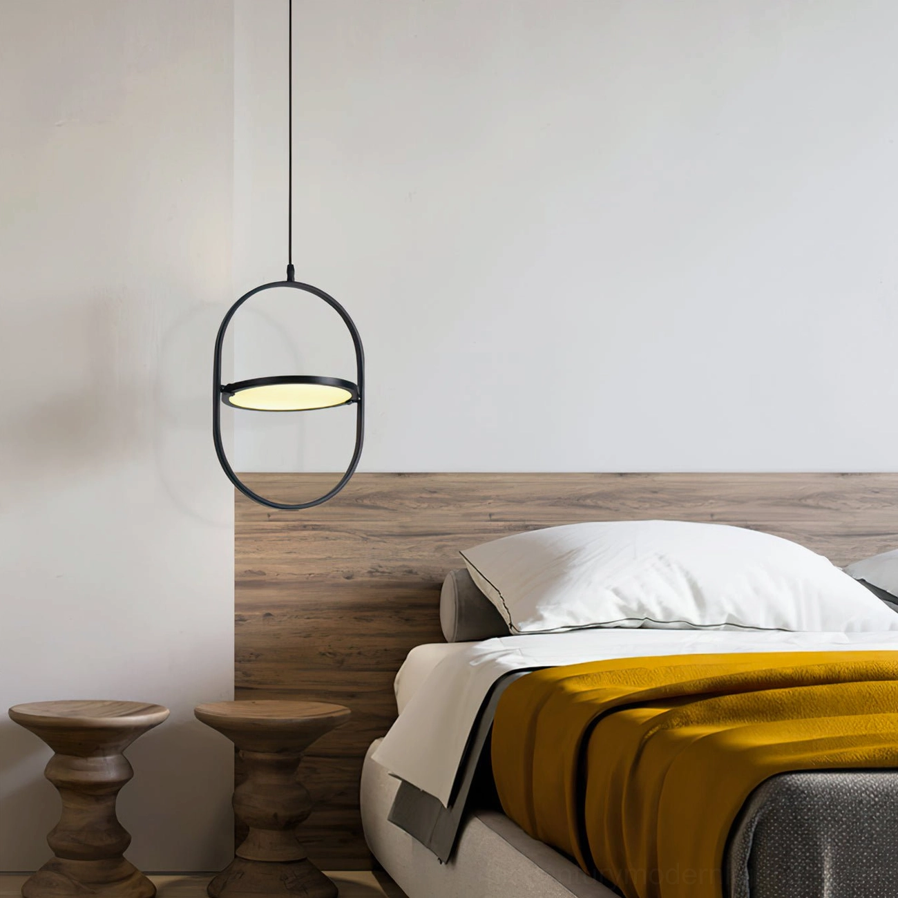 Kuu single loop pendant light over wooden bed frame industrial minimalist bedroom design