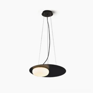 Kwic minimalist disc pendant light with matte black metal frame and hemispherical glass diffuser, studio product photography