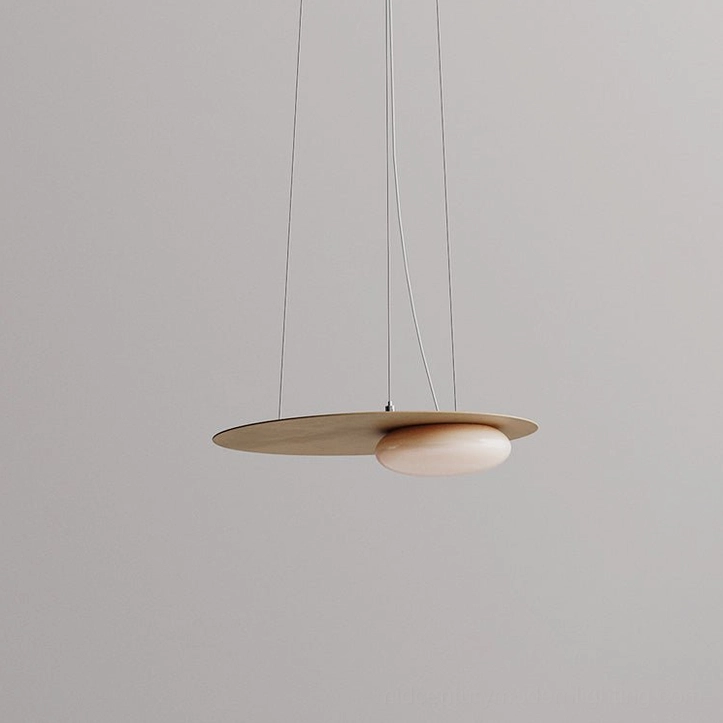 White Kwic disc pendant lamp with hemispherical glass diffuser, overhead installation view