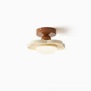 Laguna mid-century modern flush mount ceiling lamp in cream finish, minimalist beige and brown color scheme, front oblique product view