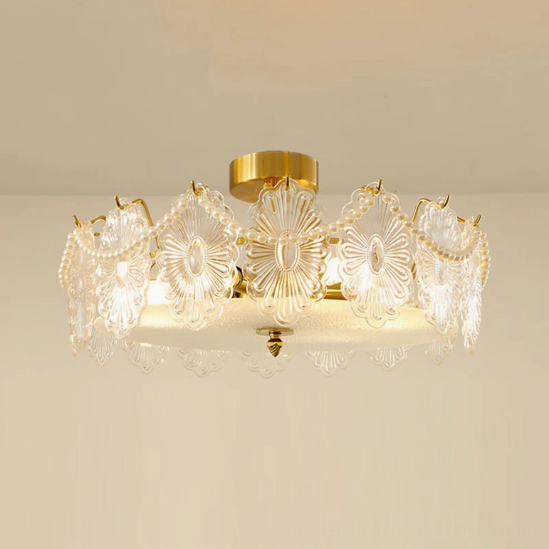 Lamina brass ceiling lamp 50cm size showcasing carved glass flower design
