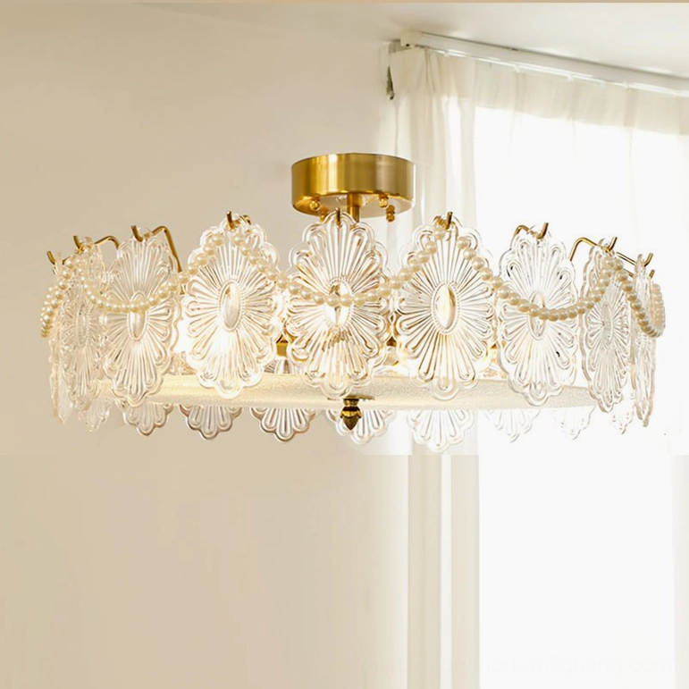Lamina large 60cm floral glass ceiling lamp in brass, mid-century modern style