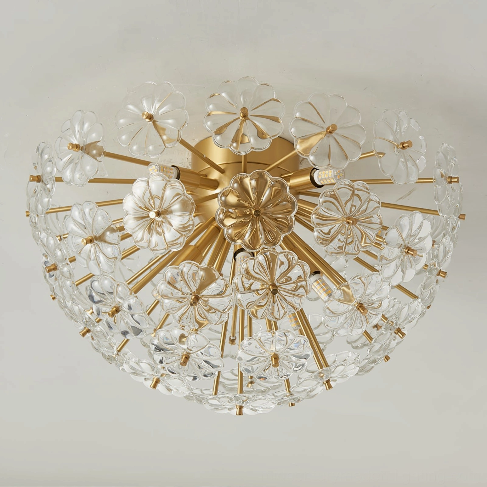 Lamina mid-century modern ceiling light side view showcasing radial brass frame and floral glass structure
