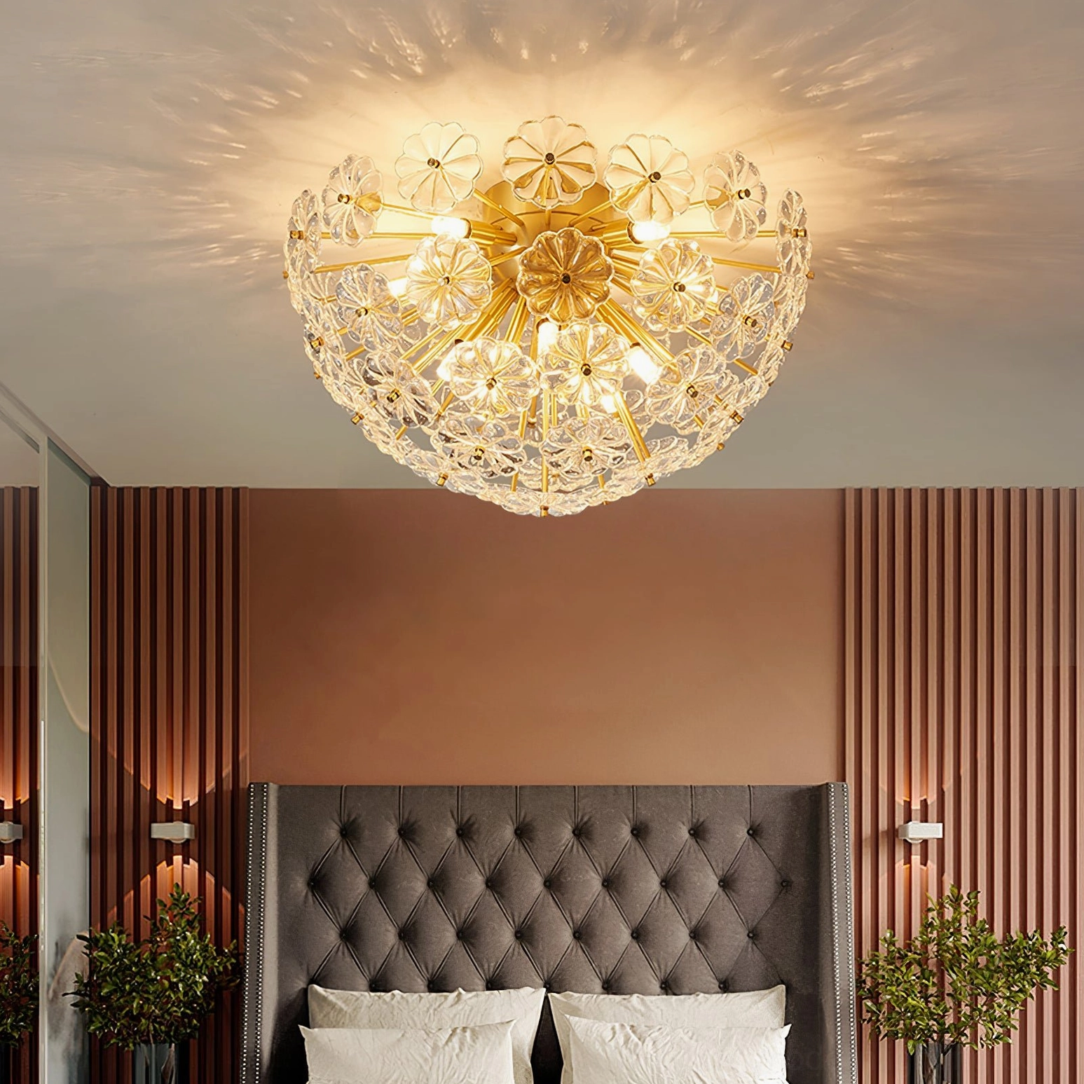 Lamina ceiling light installed in luxury master bedroom with warm ambient glow and spherical crystal design