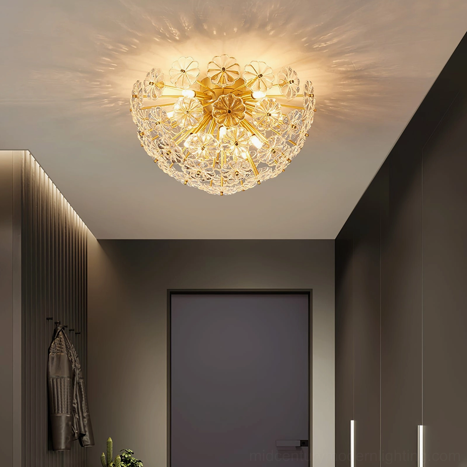Lamina ceiling light showing brass frame structure with radial petal arrangement and mounting hardware