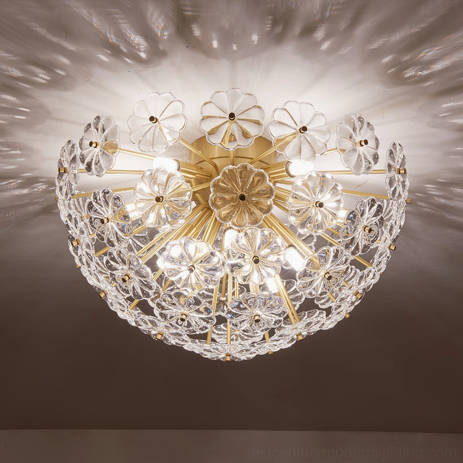 Lamina ceiling light mounted on dark ceiling with radiant light projection through clear glass petals