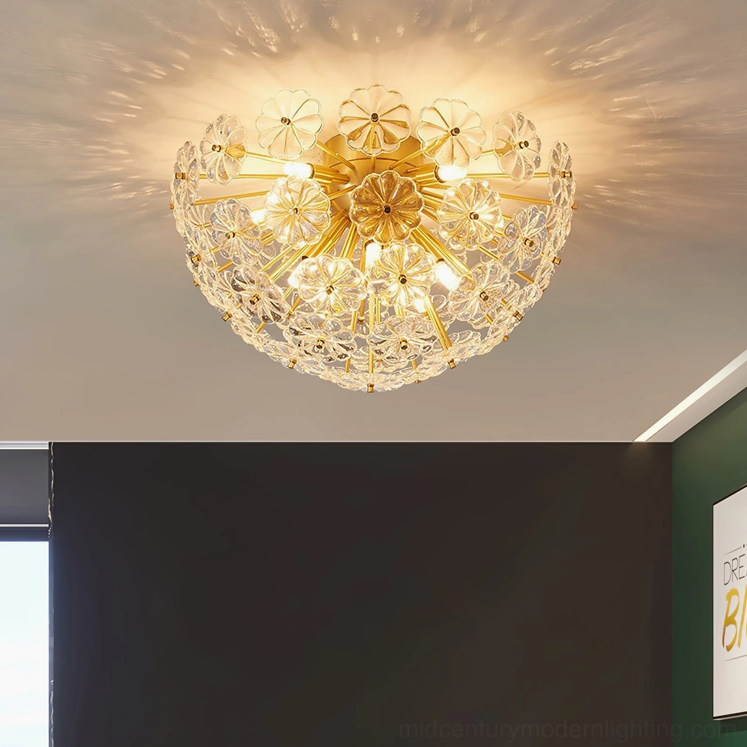 Lamina ceiling light overhead view in minimalist room showing warm golden light and crystal floral design