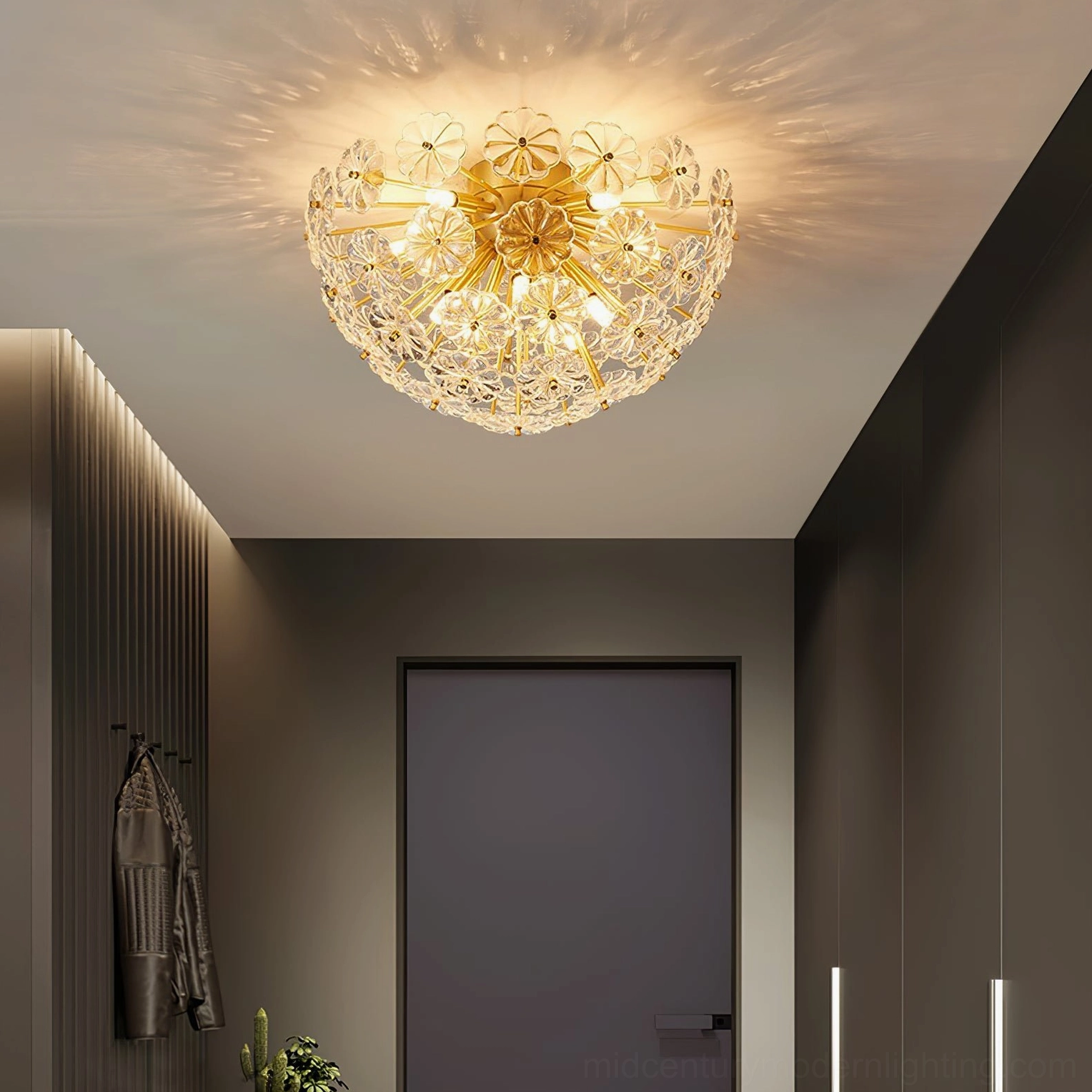 Lamina brass and clear glass ceiling light professional product photography