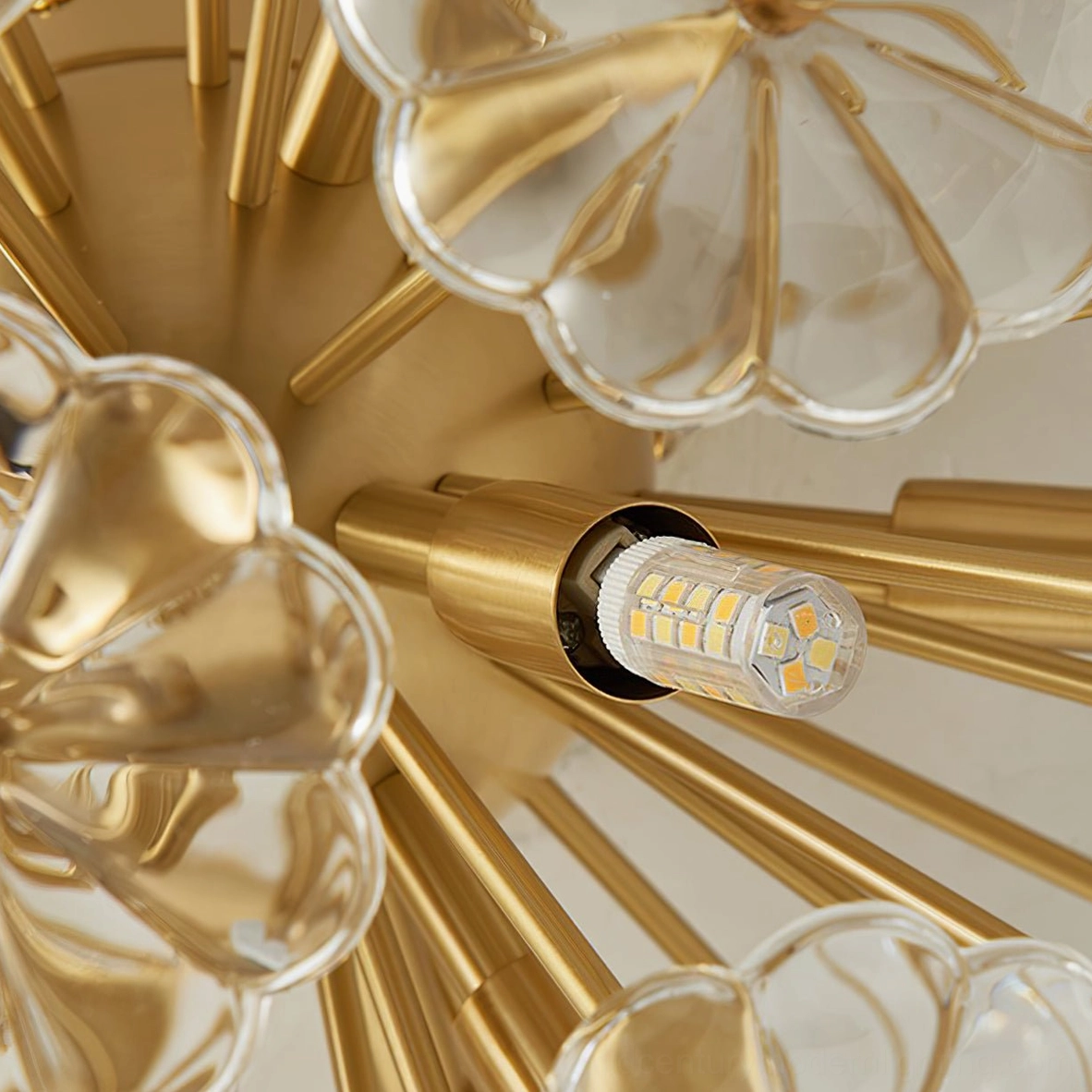 Lamina ceiling light complete view showcasing spherical brass globe with clear floral glass design