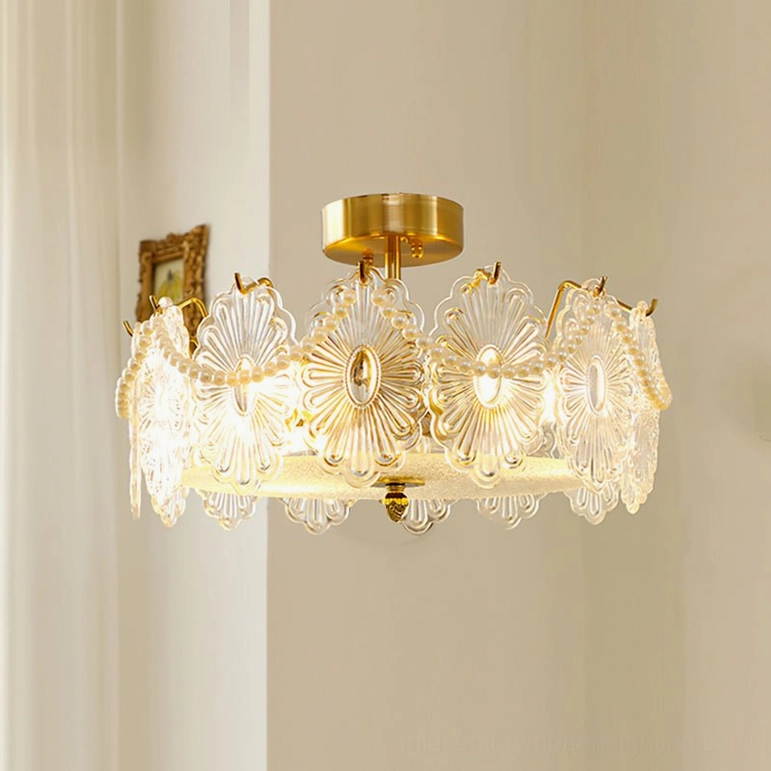 Lamina floral glass ceiling lamp in brass finish, product shot on white background