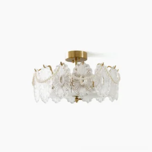 Lamina floral glass ceiling lamp with carved petal design and brass hardware, front view