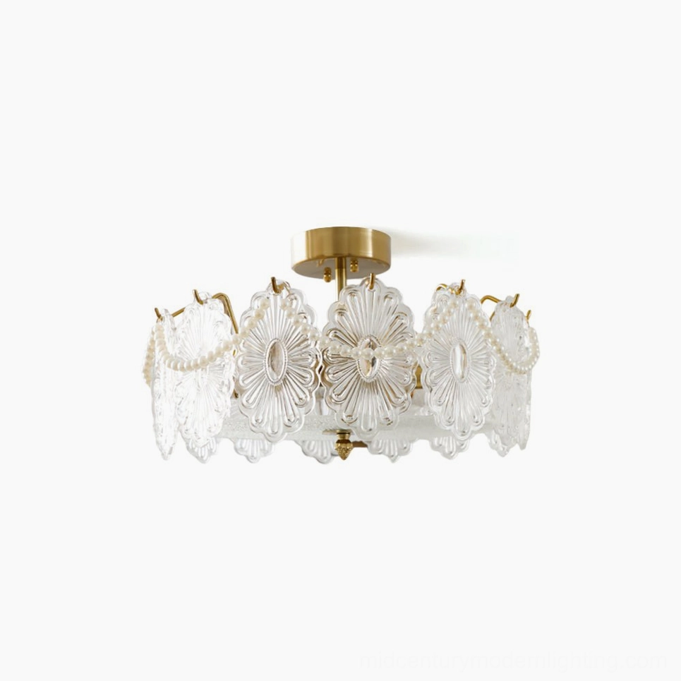 Lamina floral glass ceiling lamp with carved petal design and brass hardware, front view