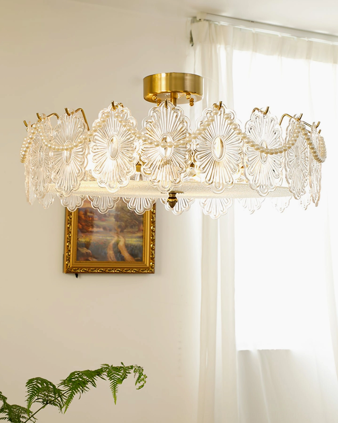 Lamina glowing ceiling lamp providing cozy warm light in French vintage living room