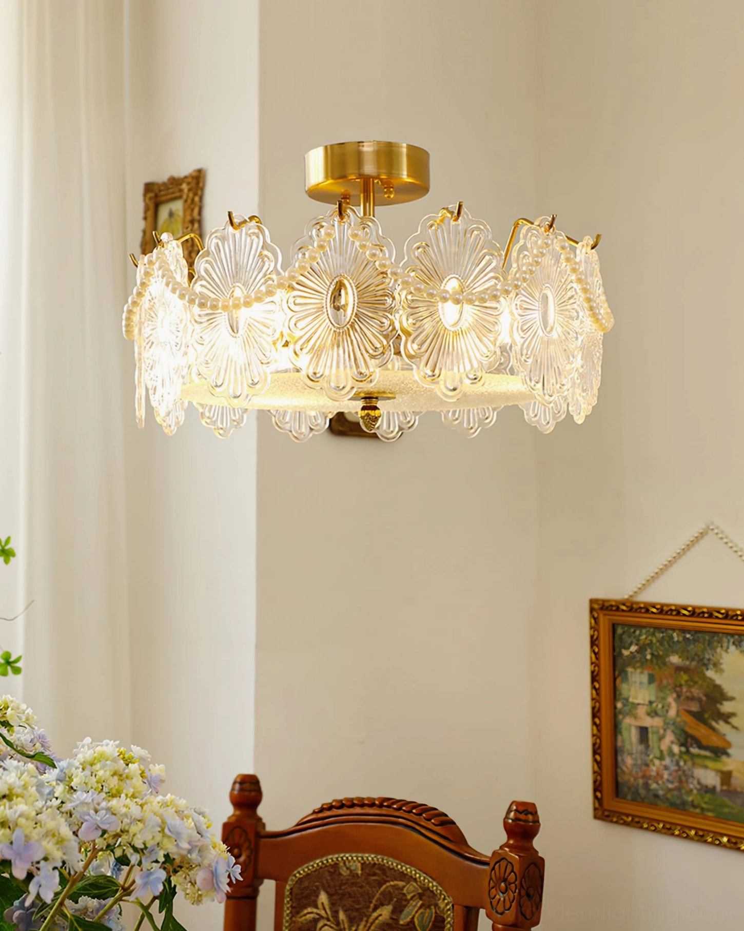 Lamina illuminated ceiling lamp creating warm ambient lighting in vintage dining space