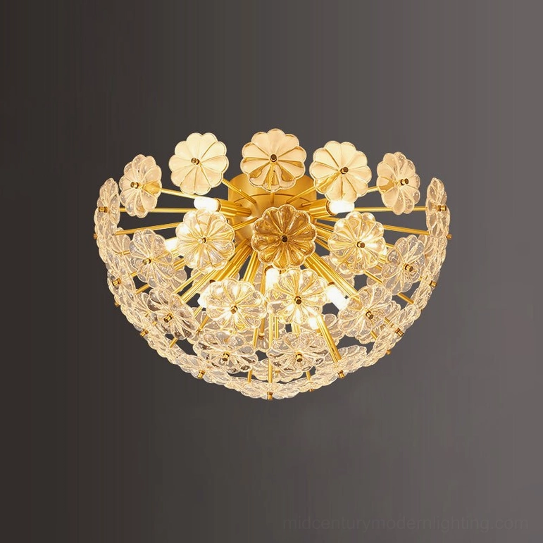 Lamina medium brass ceiling light with clear glass floral petals, elegant mid-century modern design