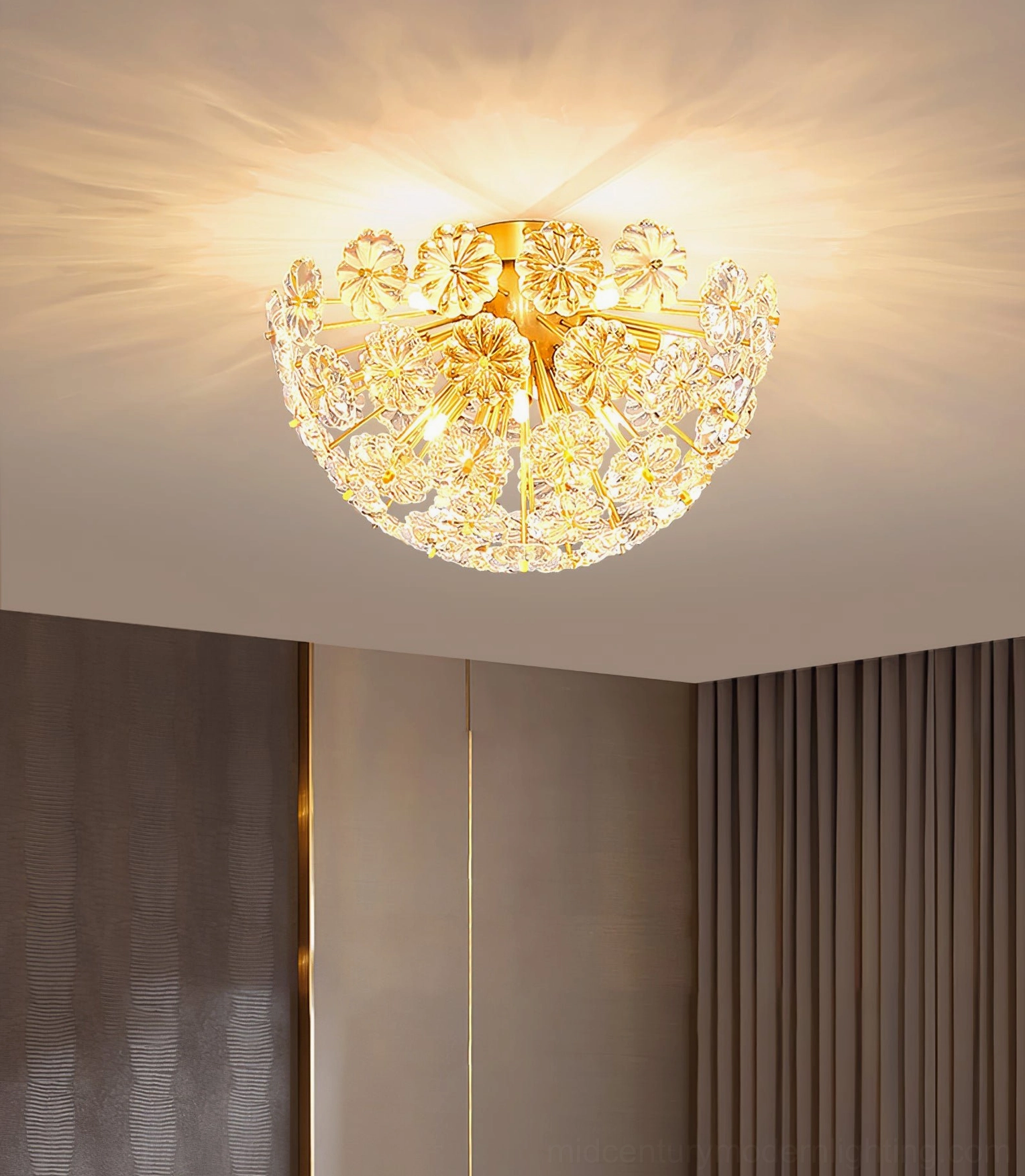 Lamina floral ceiling light detail shot highlighting textured clear glass and warm brass finish
