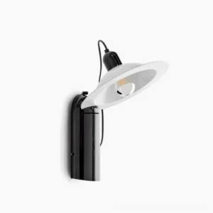 Lampiatta adjustable metal wall lamp with aluminum shade in side-front studio view, showing modern minimalist design with black and white finishes