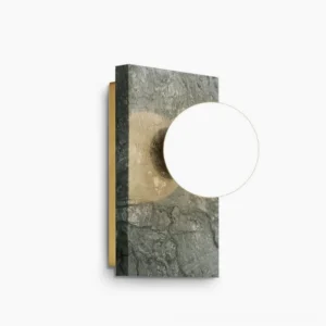 Lan marble wall sconce with frosted glass globe and brass hardware on white studio background - modern mid-century design