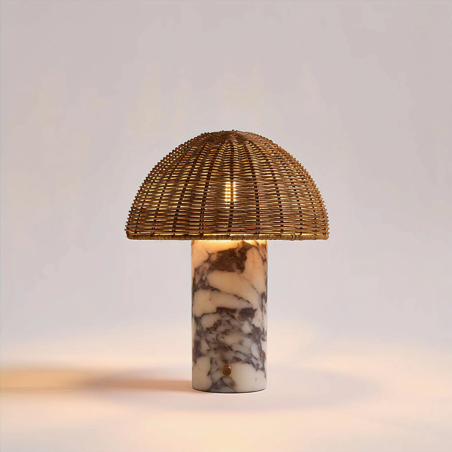 Lance table lamp glowing from inside studio background - minimalist boho design with natural light filtering