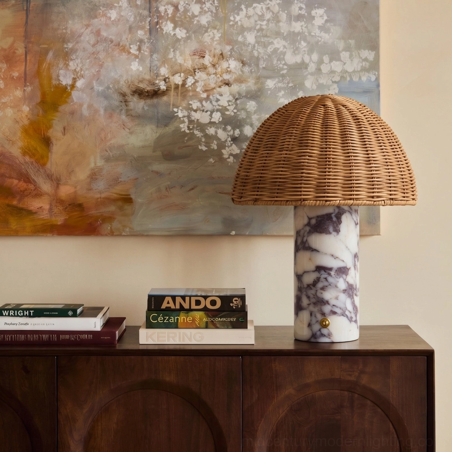 Lance table lamp styled on luxury living room side cabinet with books and wall art - bohemian modern interior design