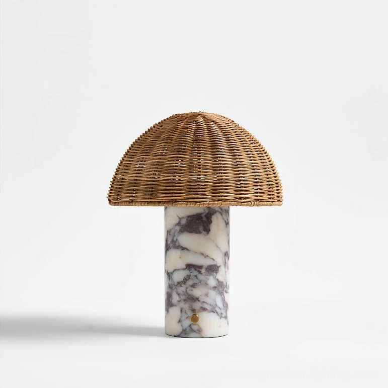 Lance marble and rattan table lamp front studio view - clean minimalist bohemian design with veined stone base