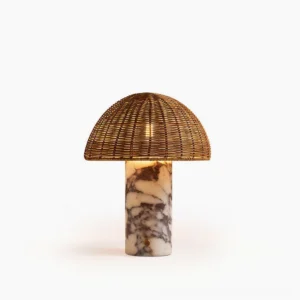 Lance marble and rattan table lamp front studio view - sculptural hand-woven dome shade with natural stone base