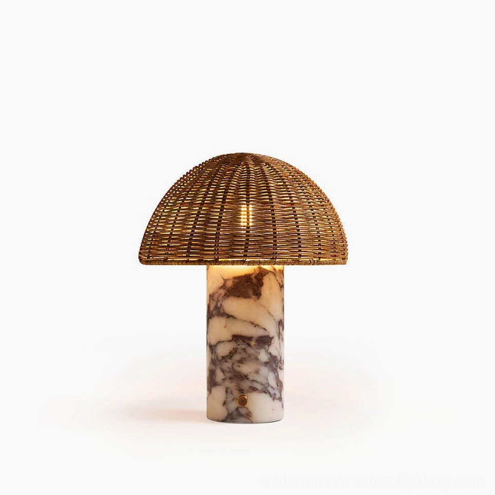 Lance marble and rattan table lamp front studio view - sculptural hand-woven dome shade with natural stone base