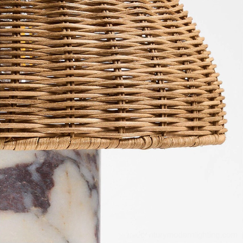 Mid-century modern sculptural marble table lamp - bohemian rattan dome with warm ambient glow