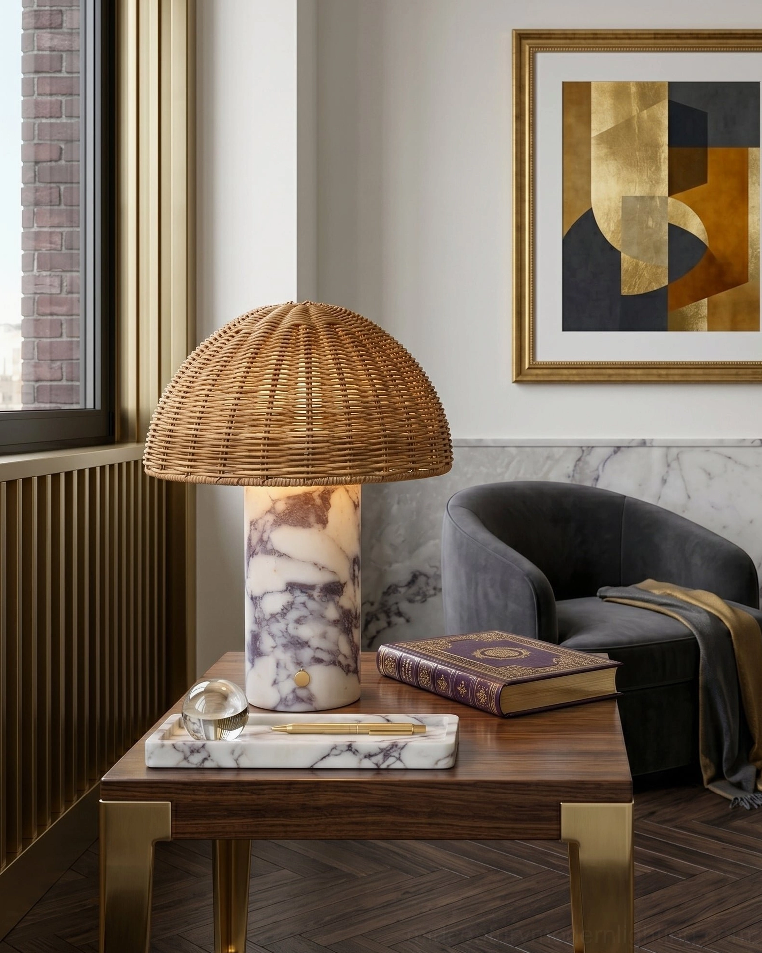 Rattan dome table lamp on modern living room side table - warm woven light with dark armchair styling