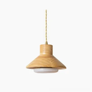 Lander wood pendant light with natural grain close-up detail, featuring twisted gold hanging cord on white background