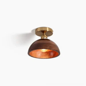 Landon mid-century modern flush mount wooden ceiling lamp with brass hardware - overhead front view