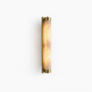 Langham alabaster wall sconce front view studio shot on white background, showing cylindrical natural stone column with brass backplate