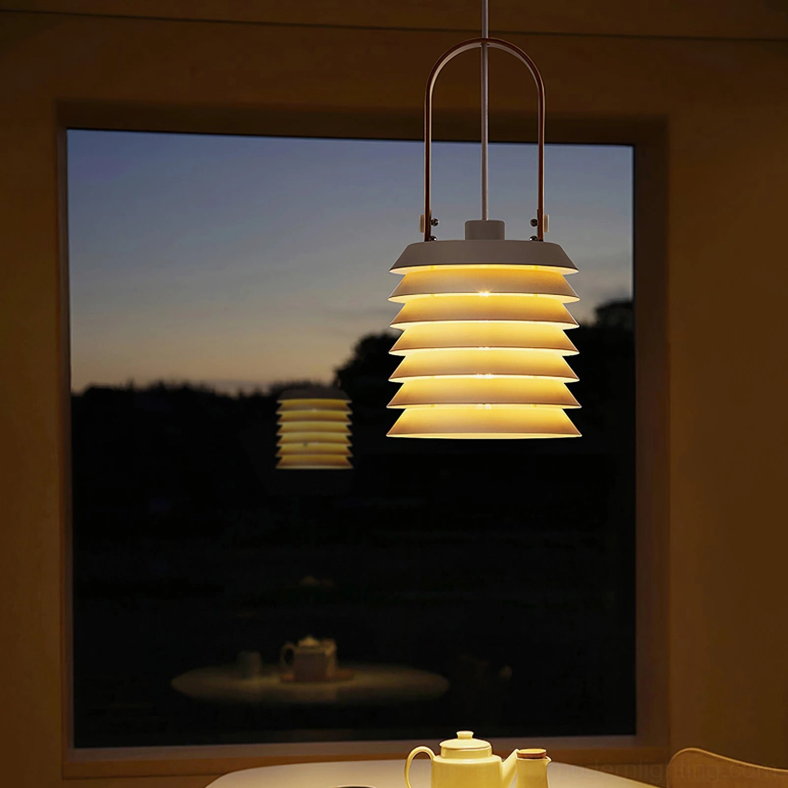 Minimalist honeycomb lantern pendant lamp with metal and wood construction detail view