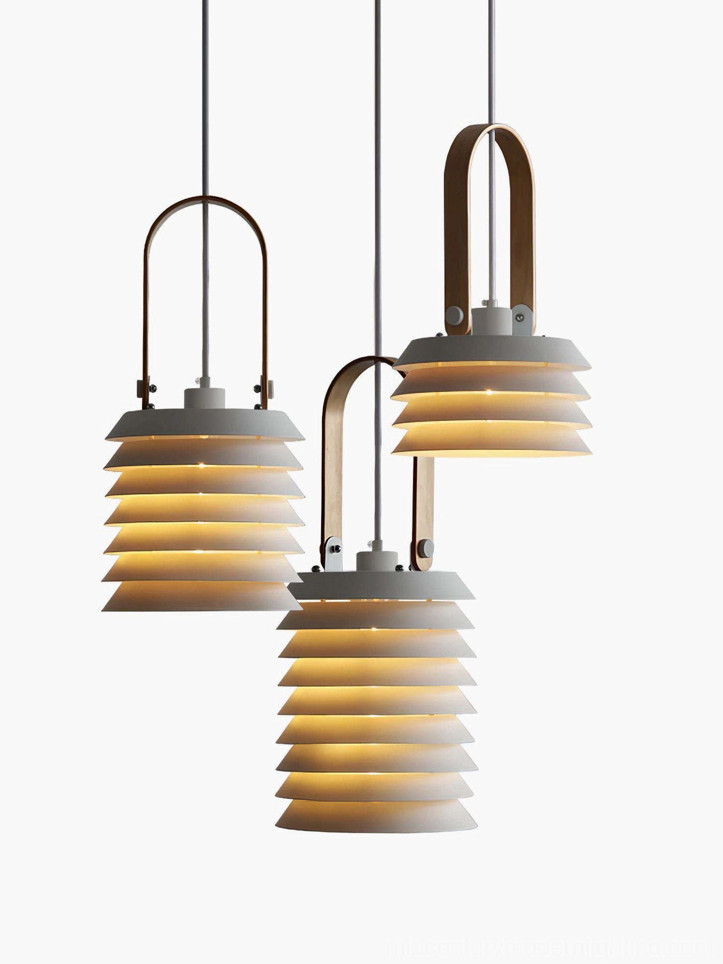 Honeycomb tiered pendant light showing warm white and natural wood color finish combination